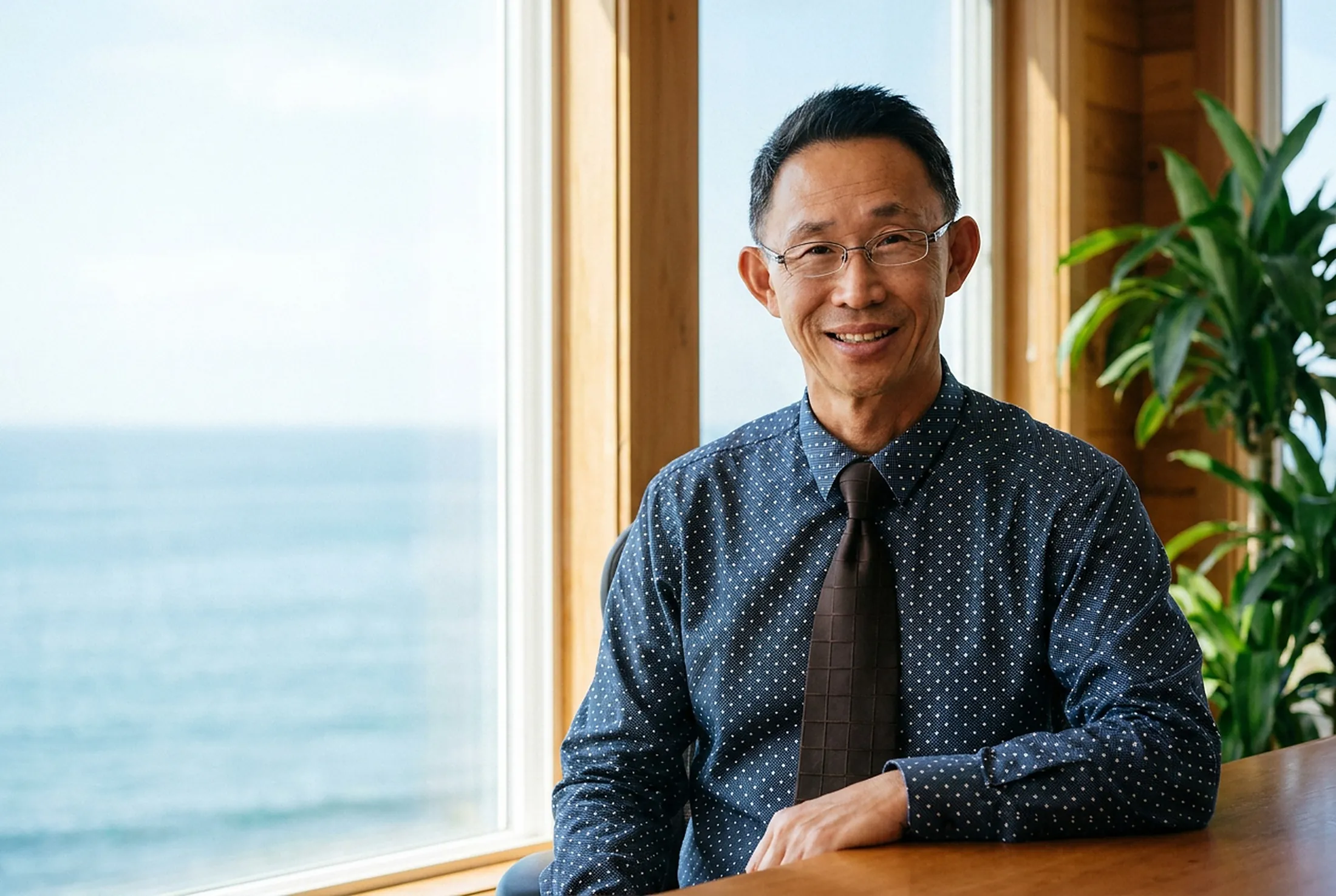 바다가 보이는 사무실에서 미소 짓는 신현인 Sam Shin